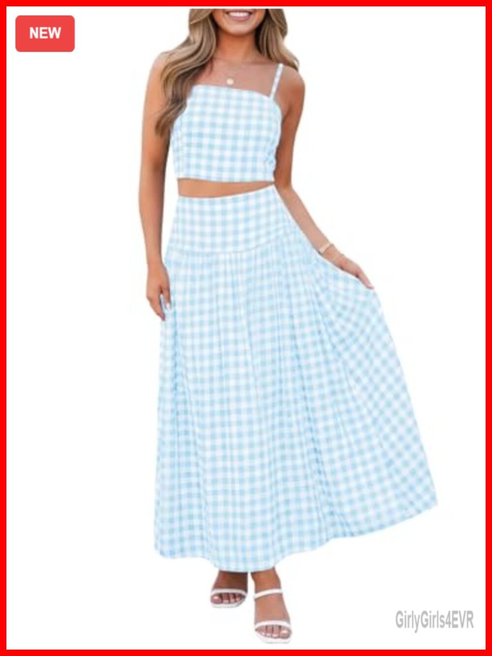 Womens 2 Piece Skirt Set Gingham Crop Top Midi Skirt Summer
